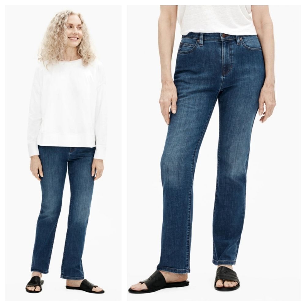 Eileen Fisher Dark Wash High Rise Straight Leg Stretch Cotton Denim Jeans XS